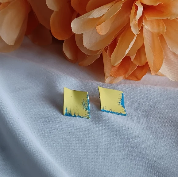 Yellow/Blue Geometric Earrings - Picture 6 of 9